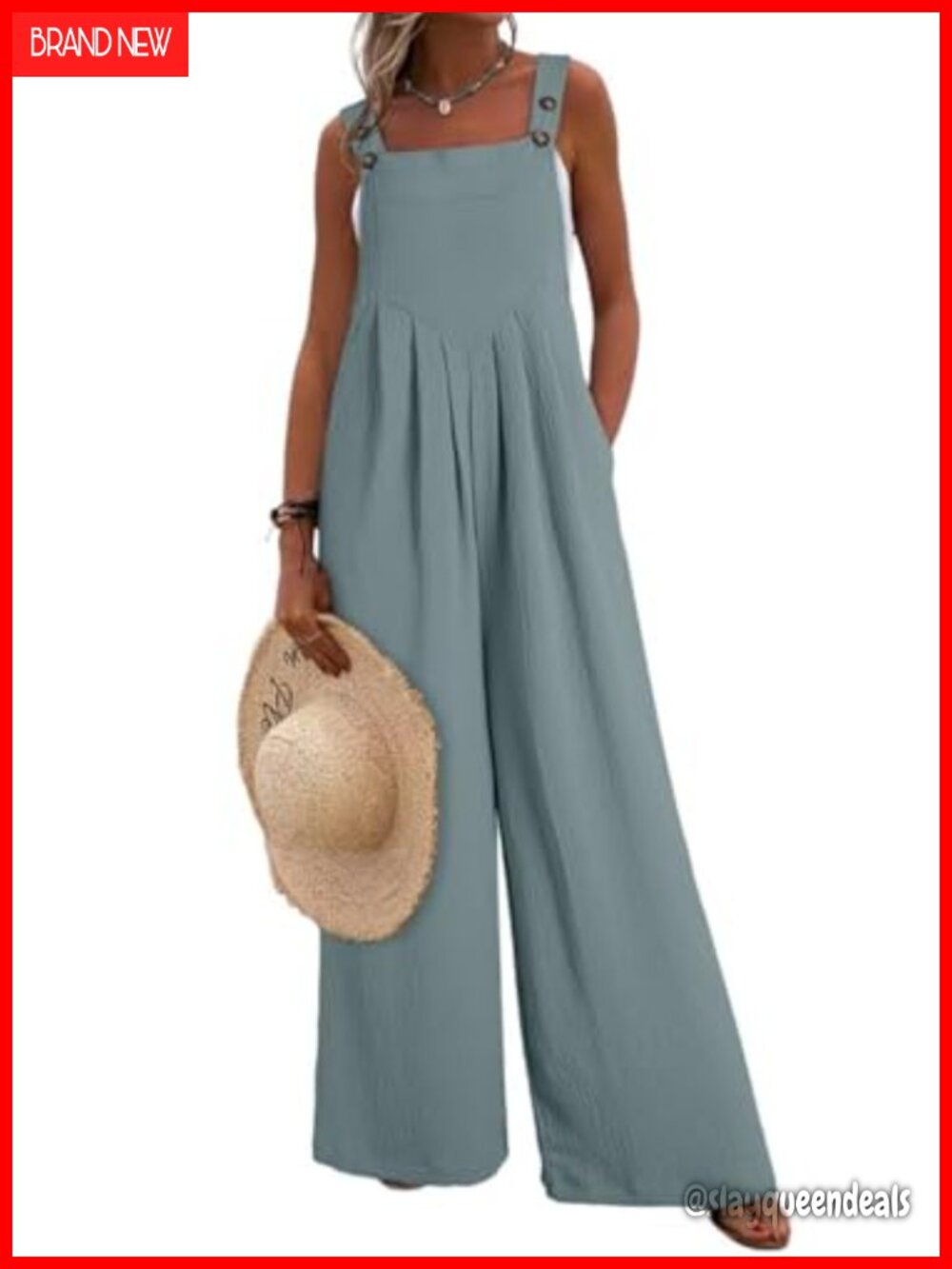 Sleeveless Wide Leg Jumpsuit Overall Loose Fit Square Neck Side Pockets